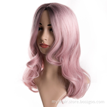 Body Wave synthetic hair Wig, High Temperature 20 inch for Women Dark Pink Afro cosplay Natural Ombre color hair wigs